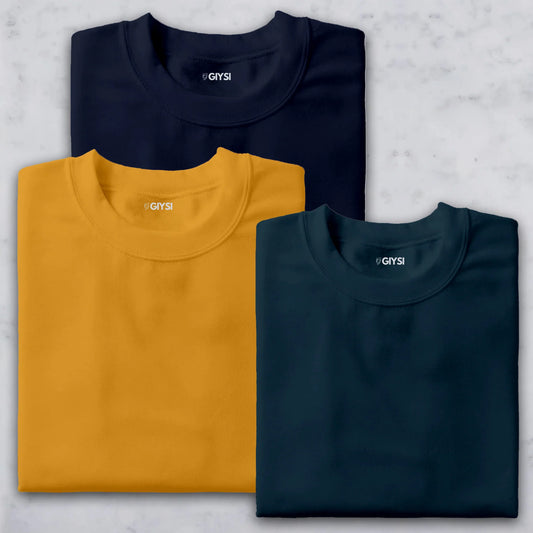 Bare Weave's Premium T-Shirt Combo – Navy Blue, Mustard Yellow & Teal Green