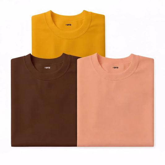 Bare Weave's Premium T-Shirt Combo – Mustard Yellow, Brown & Peach